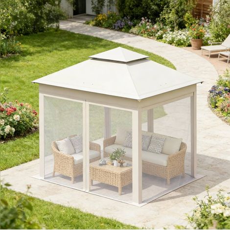 Tonnelle pliante de jardin 3 x 3 m avec double toit ventilé, moustiquaires amovibles, housse de transport, beige (1/5)