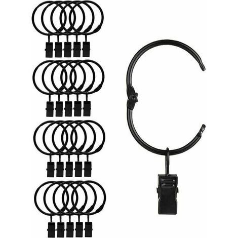 Anneaux Pince Rideau - Métal Noir - Diamètre Intérieur 38 mm - Pour Tringle 33 mm - Convient Rideaux Lourds et Légers - Lot de 20 Pièces
