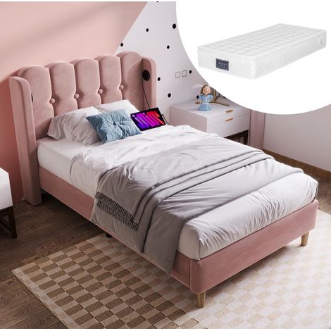 Letto singolo 90x200 cm rosa in velluto con materasso, rete a doghe e ricarica USB-C (1/5)