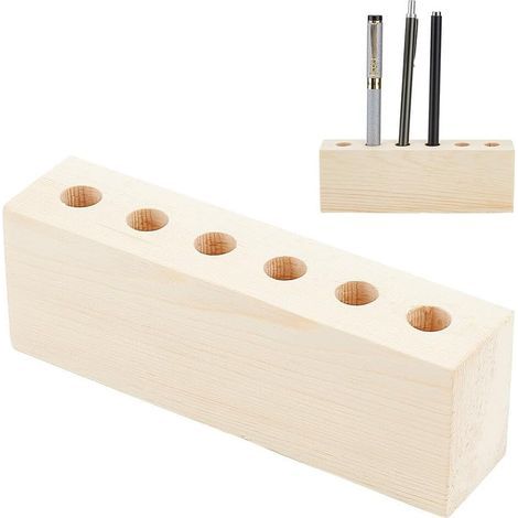 Porte-stylo de bureau en bois à 6 trous, diamètre des trous de 12 mm, avec un support en bois vintage, pour ranger et exposer les stylos-plumes, compatible avec les stylos-plumes de taille standard. (1/5)