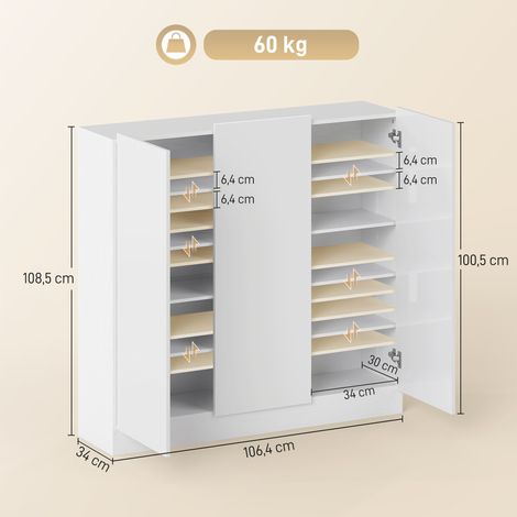 Meuble à chaussures à 10 étagères pour 25 à 30 paires de chaussures, trous d'aération, portes à fermeture amortie, bois, blanc (1/5)