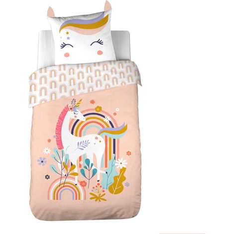 Parure de lit enfant 100% coton motif licorne avec oreilles ludiques (1/5)