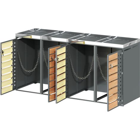 Armario cubre cubos de acero galvanizado con 4 compartimentos, jardinera y cerradura (1/5)