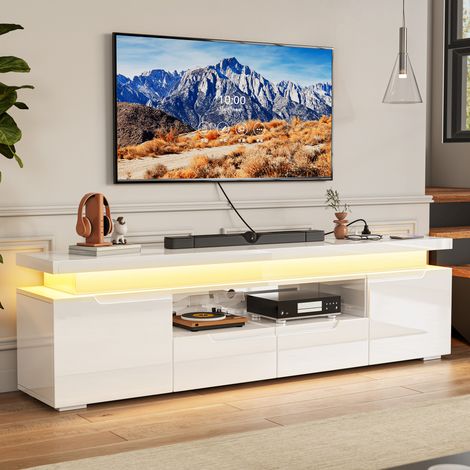 Meuble TV avec LED et Port de charge, Buffet Télévision avec 2 Tiroirs et 2 Portes et Compartiments Ouverts, 180x35x52cm, Blanc (1/5)
