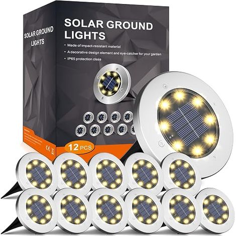12 Pack Solar Ground Lights 8H Solar Outdoor Lighting Waterproof IP65 Solar Lights for Garden, Lawn, Driveway, Patio, Warm White (1/5)