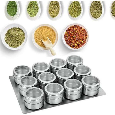 Ein Set aus 13 magnetischen, staubdichten, transparenten Gewürzgläsern/Würzflaschen aus silberfarbenem Edelstahl (mit Etiketten)