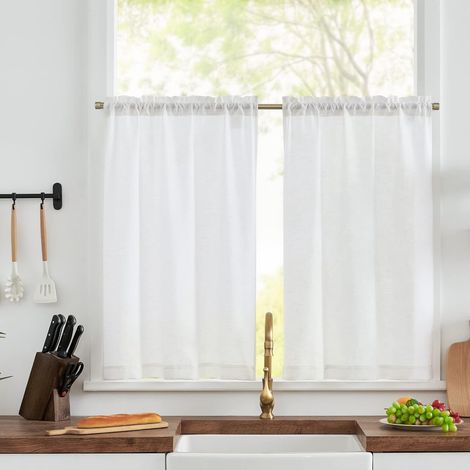 Lot de 2 rideaux brise-vue en lin - Semi-transparents - Pour bistrot, cuisine, salon, maison de campagne - 65 x 90 cm (l x H) - Blanc (1/5)
