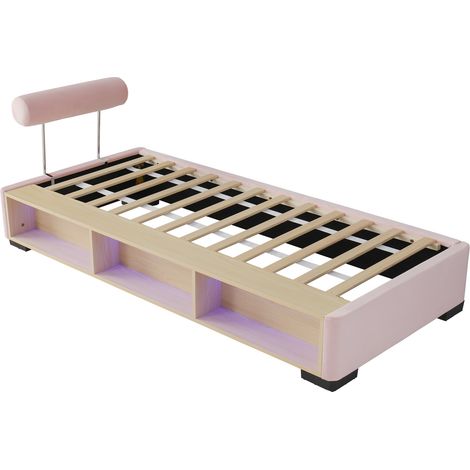 Letto per bambini imbottito rosa 90x200 cm con mensola laterale LED e vani aperti (1/5)