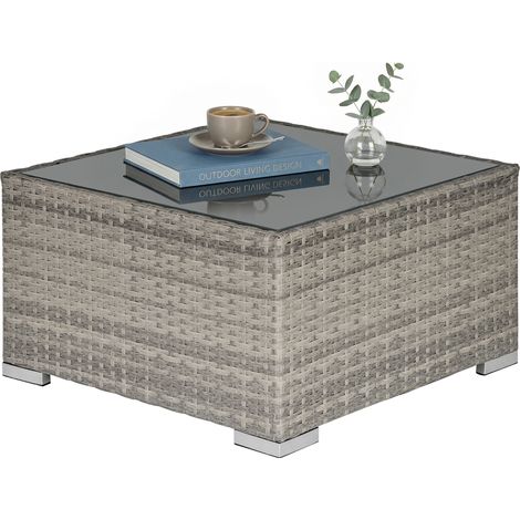 Grey Woven Resin Coffee Table with Glass Top 65 x 65 x 38 cm (1/5)