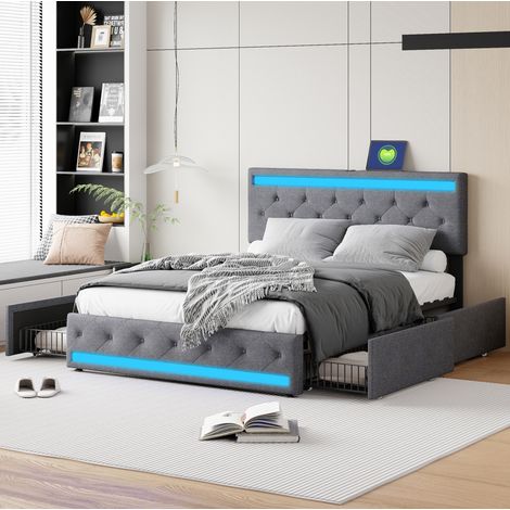 Letto matrimoniale 160x200 cm grigio scuro in legno massello e MDF con LED, USB-C e 4 cassetti (1/5)