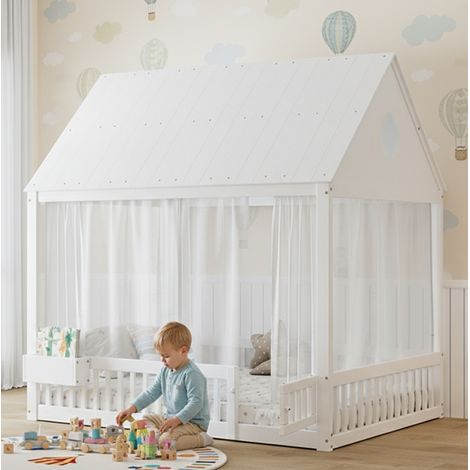 Lit cabane enfant 140x200 cm en bois blanc, avec rangement pour chambre, sans matelas FloraGrace (1/5)