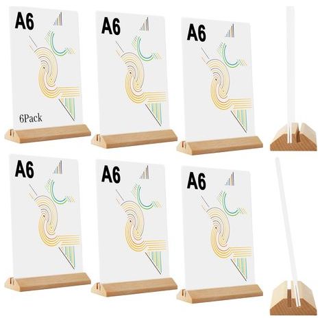 Lot de 6 Suppots Acylique A6 avec Base en Bois – Pésentoi de Table pou Menus, Flyes, Affiches – Suppot Vetical/Incliné en Plexiglas – Pou estauant, Comptoi (1/3)