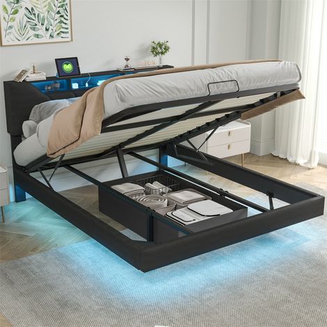Polsterbett 140x200 cm - hydraulisches Boxspringbett mit LED-Aufbewahrungskopfteil - USB-Ladefunktion - hängendes Design - PU - Lattenrost – Schwarz (1/5)