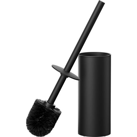 Set scopino e porta scopino per WC, manico lungo in acciaio inox 304, per pulizia profonda del bagno, 2 testine per scopino per WC, nero (1/5)