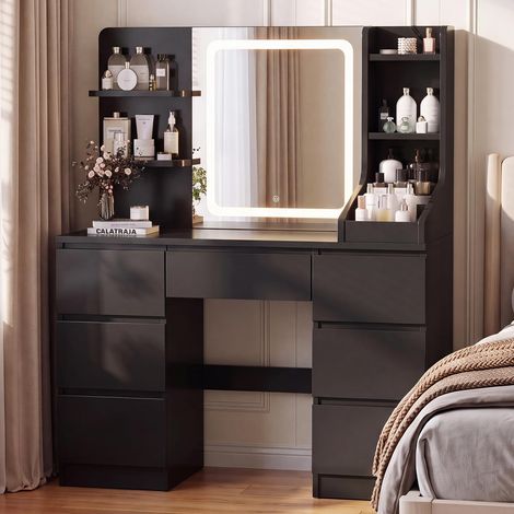 Grande Coiffeuse avec Miroir LED, Luminosité Réglable, Table de Maquillage avec 4 Étagères et 7 Tiroirs, Meuble pour Chambre Moderne (Noir) (1/5)