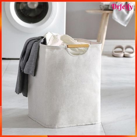 Panier à linge - - Large - Poignées en bois - Coton et lin - Pliable et imperméable (1/5)