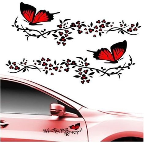 2Pcs Autocollant Voiture,Stickers pour Voiture Avec Motif Papillons et Fleurs,Stickers Personnalisé pour Capot de Voiture,(Rouge)-wj (1/4)