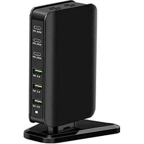 Station de charge USB-C à 6 ports avec une conception multiport, comprenant 3 ports USB-C et 3 ports USB-A. Hub de charge rapide portable, compatible avec les batteries en forme de U de 14 pouces. (1/5)
