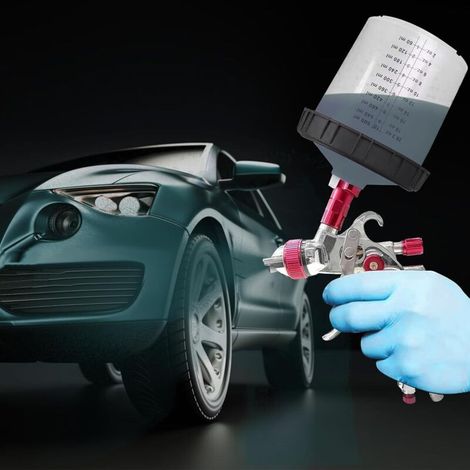 Pistola pulverizadora de pintura HVLP profesional de 600 cc con 3 boquillas (1,4 mm, 1,7 mm, 2,0 mm), regulador de aire, vaso desechable de 600 ml y vaso mezclador de color (rojo). (1/3)