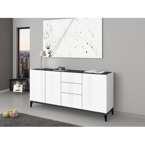 Dmora - Aparador Dlong, Aparador de cocina con 3 puertas y 3 cajones, Buffet de salón, 100% Made in Italy, cm 160x40h82, Blanco brillo y Pizarra (1/5)
