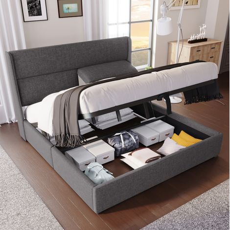 Okwish Lit coffre 160x200 cm, avec tête de lit réglable, lin, gris (Sans matelas) (1/5)