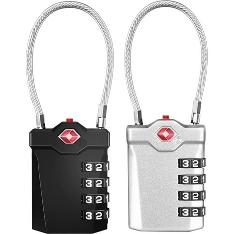 Kofferschloss, TSA 4-stelliges Zahlenschloss mit Öffnungsalarm, Reisegepäckschlösser mit flexiblem Kabel (2er-Pack, Schwarz und Silber)