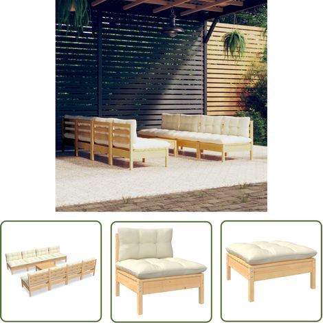 The Living Store 9-tlg. Garten-Lounge-Set mit Creme Kissen Massivholz Kiefer - Gartengeräte - Lounge Set - Gartenmöbel - Outdoor Möbel - Kiefernholz (1/5)