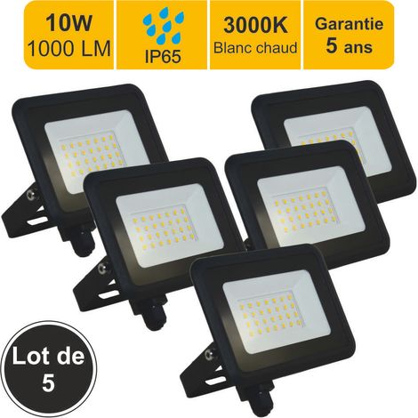 Lot de 5 projecteurs LED 10W /IP65/1000lm/3000K connexion directe - sans câble - garantie 5 ans