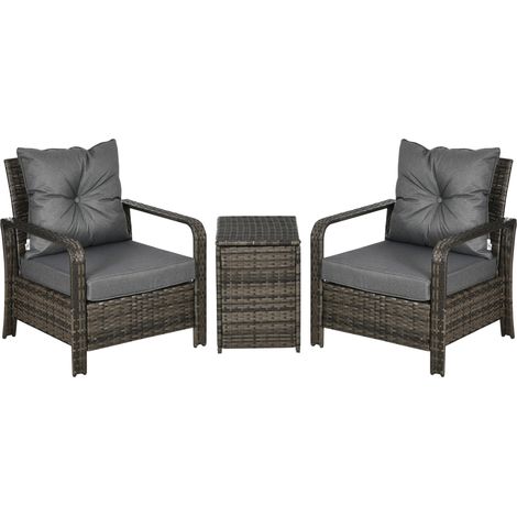 Outsunny 3 Pieces Rattan Bistro Set, Wicker Garden Furniture Set with Storage Coffee Table and Chairs, Thickened Cushions for Outdoor, Patio, Balcony, Grey