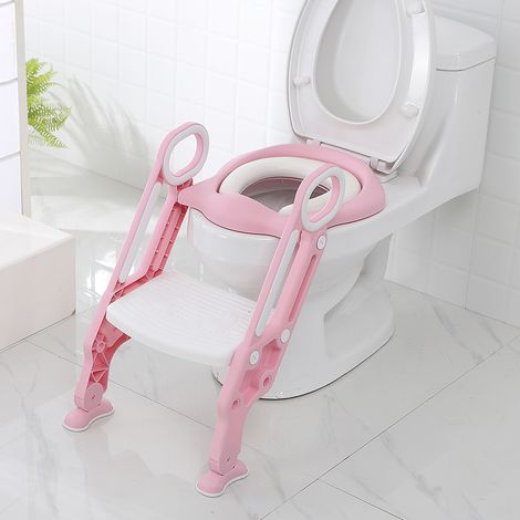 Hofuton Siège de Toilette pour Tout-petits, Réducteur WC Enfant, Siège de Toilette Échelle avec Marches WC, Potty Trainer Pliable et Réglable Siège Pot Entraîneur de Bébé Enfant Rose+Blanc (1/5)