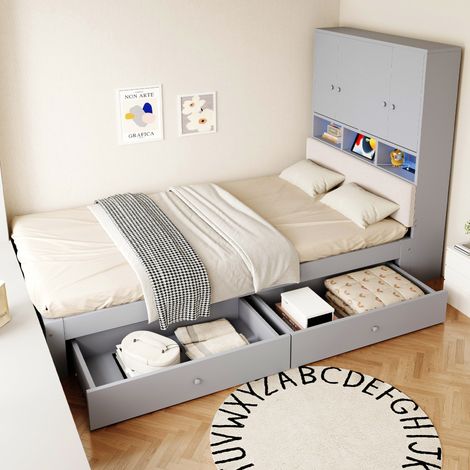 Letto singolo 90x200 cm grigio in legno con testiera imbottita, LED, presa e cassetti (1/5)
