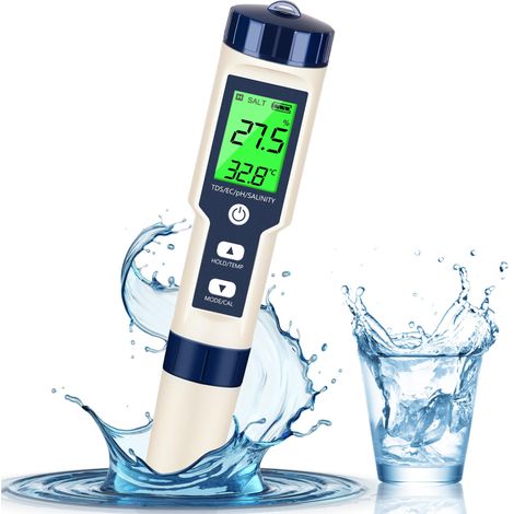 Testeur d'eau numérique 5-en-1 (pH, Température, EC, TDS et Salinité) — pH-mètre pour l'eau avec écran LCD rétroéclairé — Kit d'analyse pour eau potable, vin, piscines et spas.
