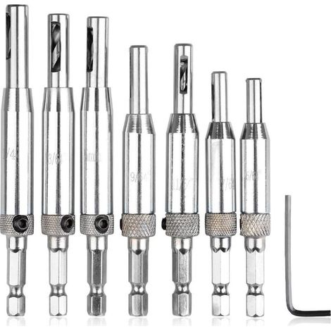 7Pcs charnière foret auto-centrage buse d'air charnière foret ensemble foret bits scie outil avec 1 pcs clé hexagonale ensemble de 8-pièces