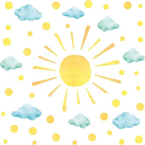 Stickers Muraux Enfant Grand Soleil Jaune et Nuages Bleus Aquarelle Déco Murale Pastel pour Chambre Bébé Garçon et Fille Salon Salle à Manger (1/5)