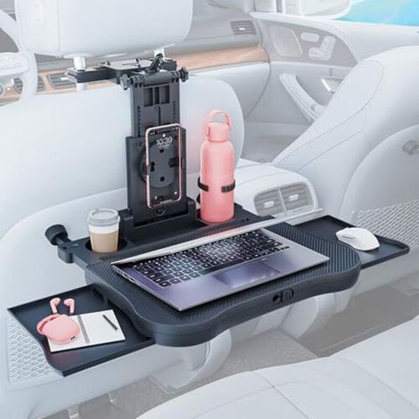 Tragbarer Autositz-Klapptisch, Tisch für die Rückbank mit Getränkehalter und Handyhalterung, klappbarer Teleskoptisch für die Rückbank im Auto für Reisen, Arbeit und (1/4)