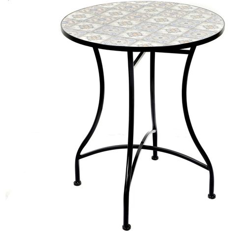 Runder Bistrot-Gartentisch – Dekorative Mosaik – Schwarzes Metall – Ø60xH71 cm