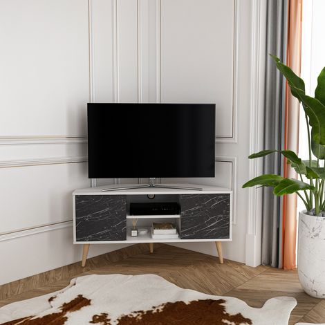 Decorotika - Zahav Corner Meuble TV 2 Shelves and Two Cabinets - Blanc/Noir Marble Effect (1/5)
