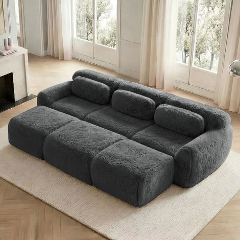 Divano modulare a 3 posti con 3 pouf, tessuto peluche grigio DESVIAE (1/5)