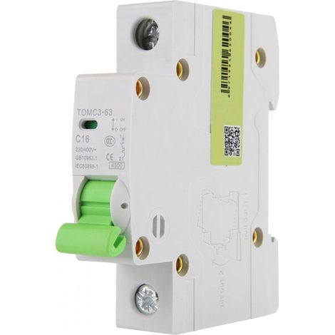 Disjoncteur 1P, TOMC3-63 230/400V AC 1P Disjoncteur miniature de type C Courbe C avec barre omnibus en forme de U(16A) (1/5)