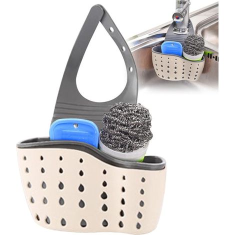 Juego de 2 escurridores de esponja para fregadero de cocina con correas ajustables y orificio de drenaje (beige) (1/4)