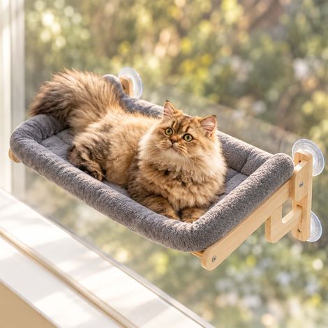 Relaxdays Katzenbett 2in1, Fenster & Wand, Saugnäpfe, klappbar, Plüsch, HBT:26,5x69x40,5cm, Katzenliege Holz, grau/natur (1/5)