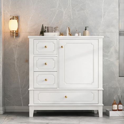 Meuble sous vasque blanc avec vasque céramique et poignées dorées (1/5)