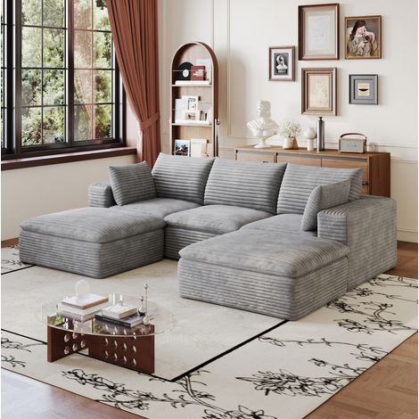 Canapé modulable 3 places avec 2 ottoman, sans cadre en bois, rembourrage en mousse, gris