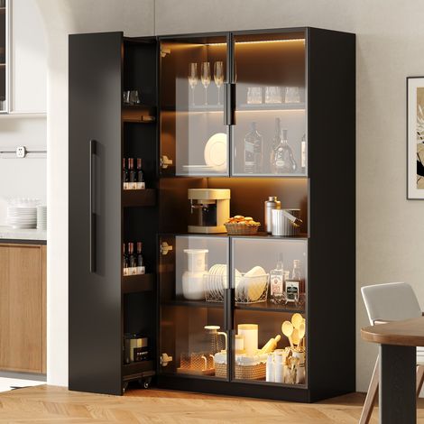 Vitrine LED 110 x 35 x 160 cm avec LED, portes vitrées, rangements latéraux coulissants, tiroirs, niche ouverte, MDF Noir (1/5)
