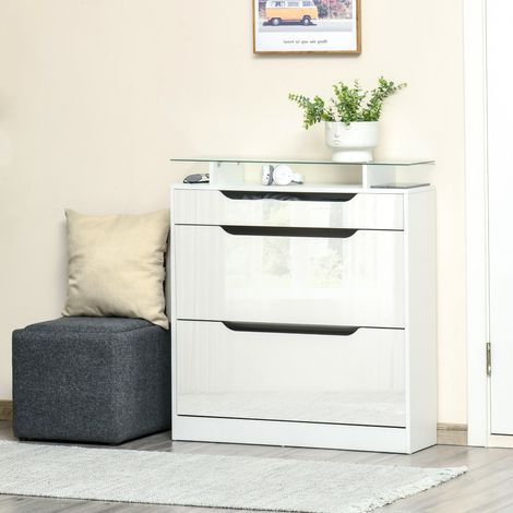 Schuhschrank mit 2 Klappschubladen, 1 Auszugsschublade, 1 Ablagefläche und 1 Glasboden, 2-fach höhenverstellbar, 89 x 23 x 96 cm, weiß