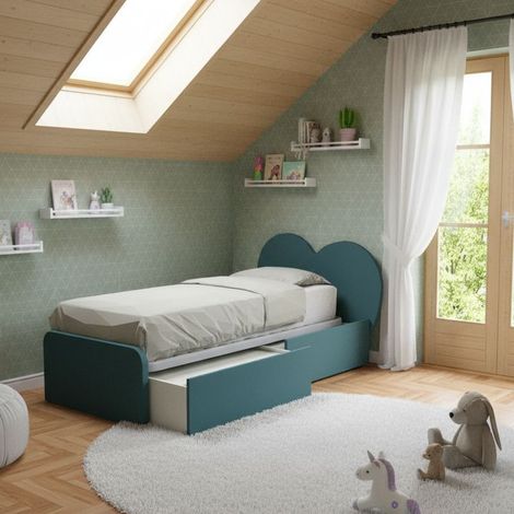 Letto singolo a cuore 80x190 con cassetti - Verde Petrolio