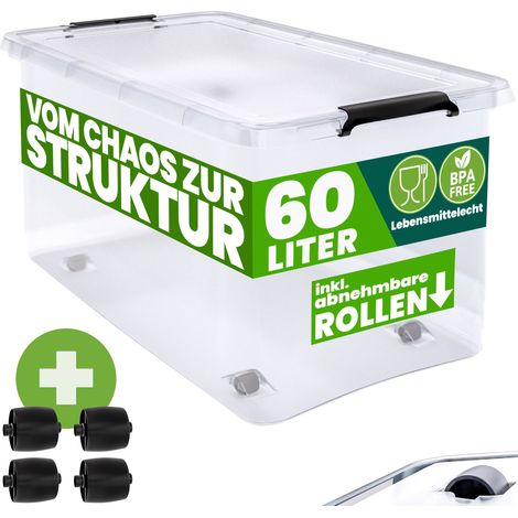 DEUBA® Aufbewahrungsbox transparent Stapelbox Ordnungsbox 30L 60L Deckel aufklappbar stapelbar Rollen BPA frei lebensmittelecht Box 60L