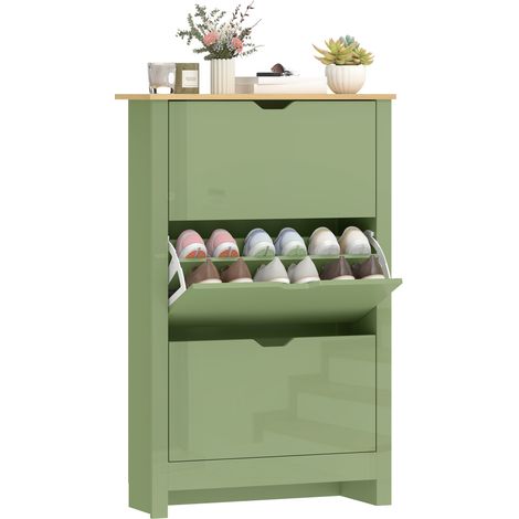 HOMCOM 18-Shoe Storage Cabinet 6 Shelves 3 Drawers Tabletop High Gloss Green