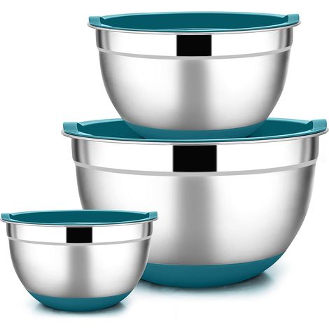 Lot de 3 Bols Mélangeurs en Acier Inoxydable avec Couvercle Hermétique et Fond Antidérapant, Ensemble de Saladiers pour Cuisine/Cuisson/Préparation, Passe au Lave-vaisselle, (Bleu Marine) (1/5)