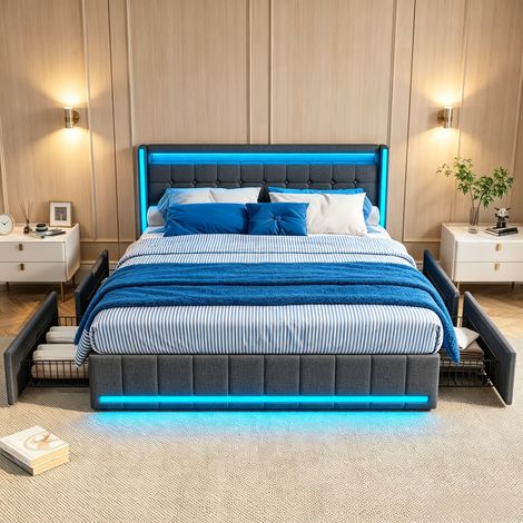 JOOKGBD-Doppelbett Polsterbett 140x200cm,Jugendbett,mit Bettkasten und Lattenrost,bett mit USB-Anschlüssen, LED-Bett mit 4 Schubladen,Leinenstoff,ohne Matratze,Dunkelgrau